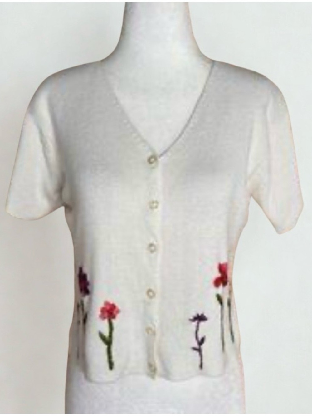 R&K White Short-Sleeve Button-Front Cardigan with Floral Embroidery